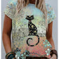 Women's T shirt Cat Graphic Print Round Neck Tops Basic Basic Top Light Green