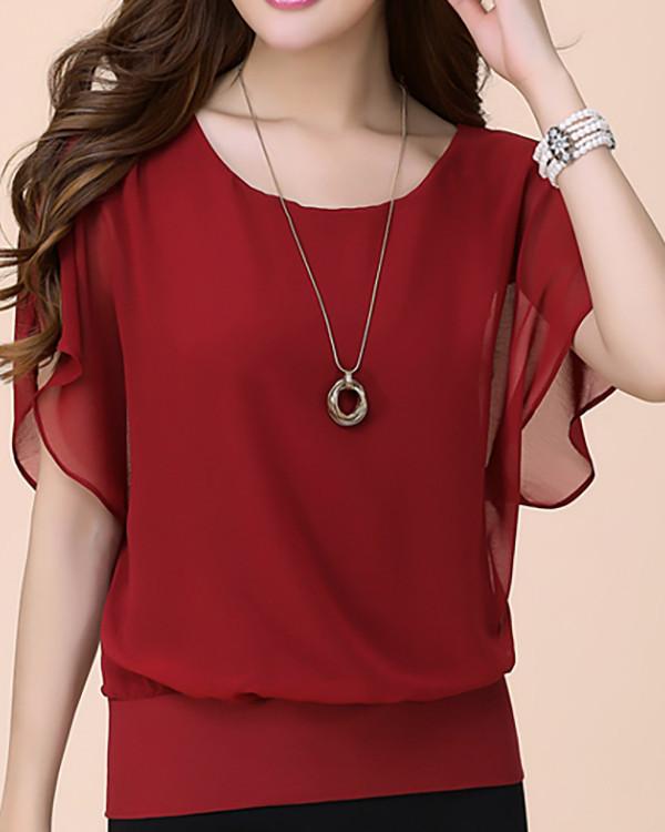 Women&#39;s Plus Size T-shirt Solid Colored Ruffle Tops - veooy