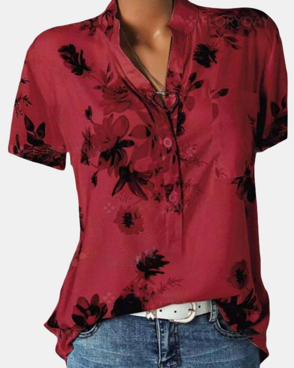 Print Floral Short Sleeve V Neck Casual Blouse - veooy