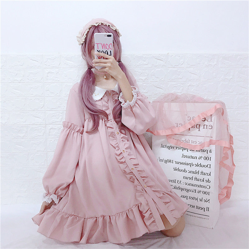 College sweet sweet cute doll collar ruffled lace dress - Veooy