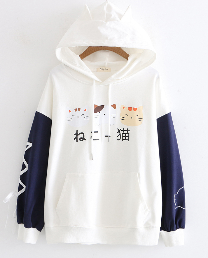 Cute three pieces kitten  japanese letters print hoodie sweater #PR849 - Veooy