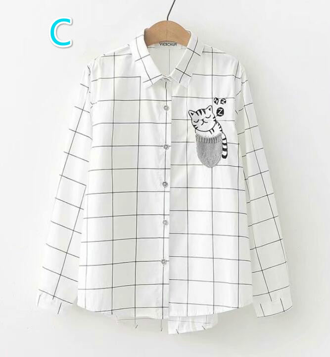 Cute cartoon pocket sleeping cat embroidery blouse shirt #PR989 - Veooy