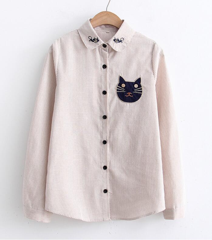Cat embroidery stripe blouse shirt #PR996 - Veooy