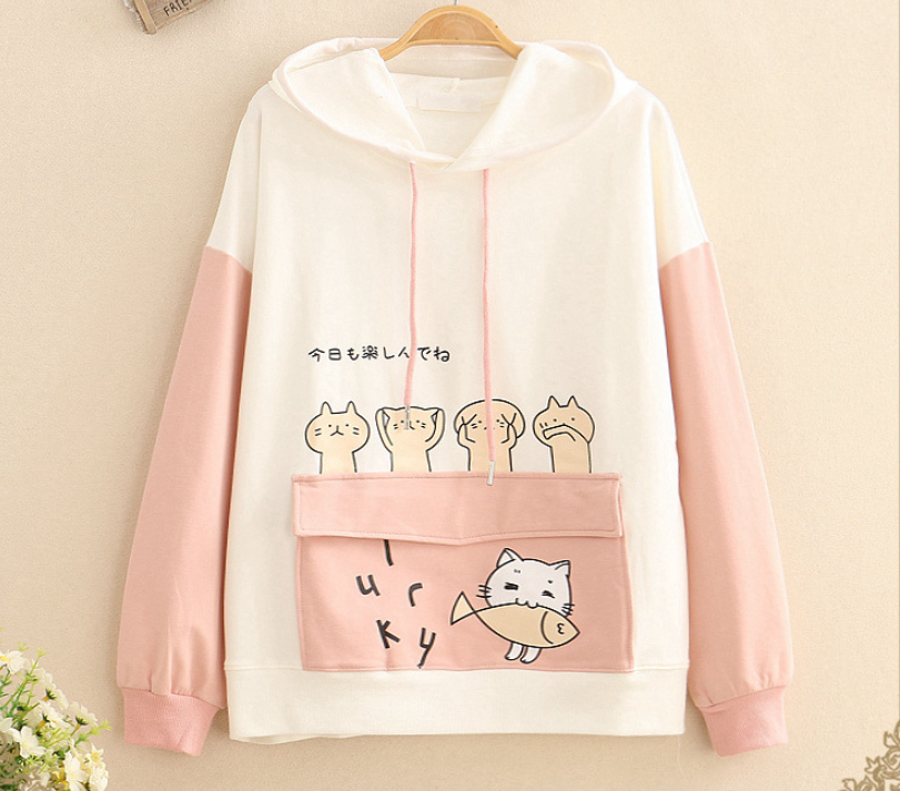 Cute Kitten eat fish print hoodie sweater for spring#PR856 - Veooy
