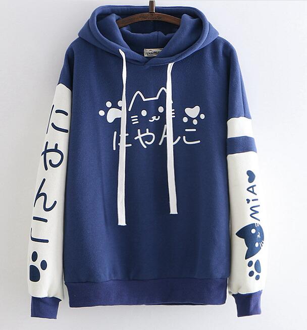 Cute cat  letters print woolen hoodie sweater #PR842 - Veooy