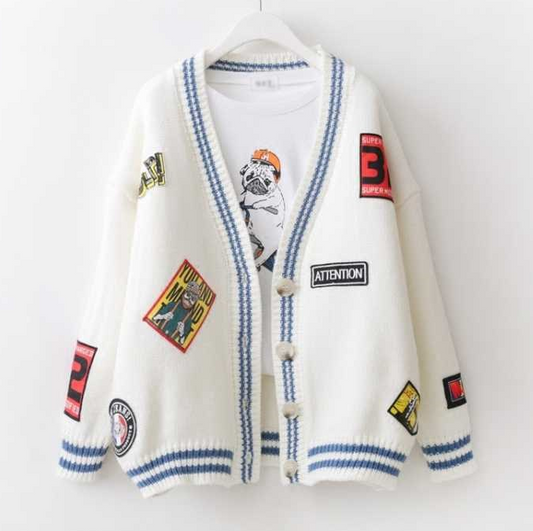 New cartoon color matching embroidery cardigan sweater