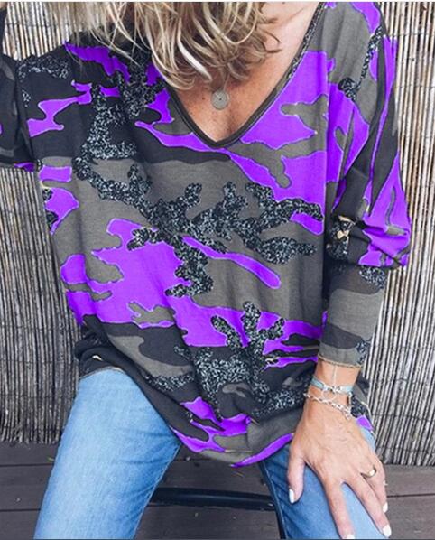 2019 Autumn hot sale women&#39;s v style print long sleeve t-shirt - Veooy