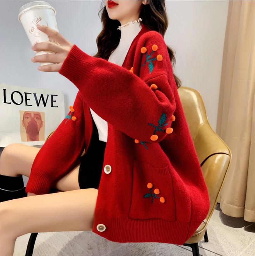 Loose women&#39;s cherry Christmas knitted sweater cardigan #PR1074