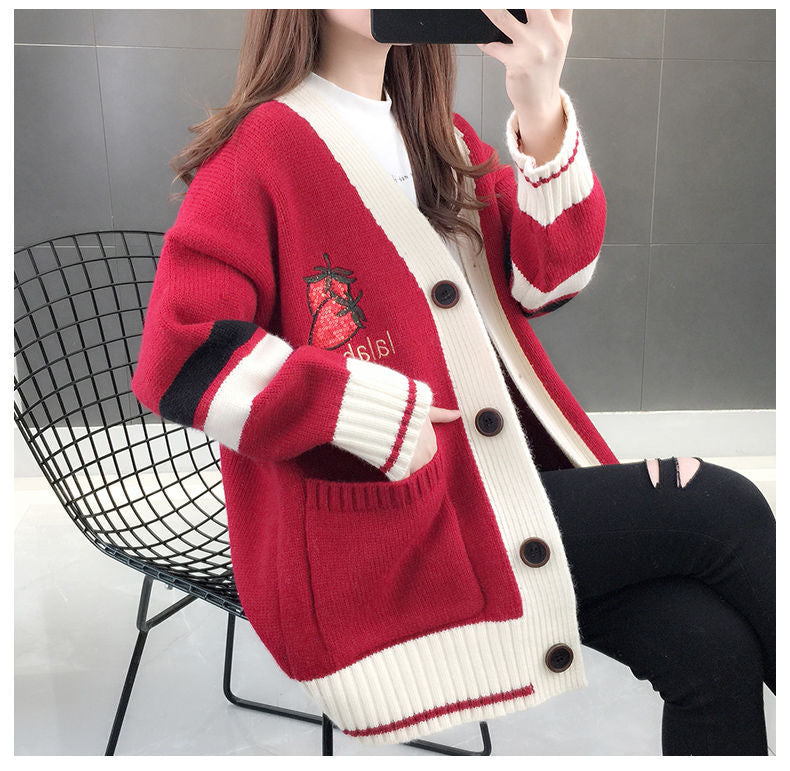 Korea style Strawberry embroidery loose sweater cardigan #PR1033