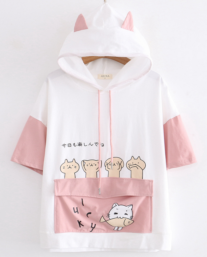 Cute cat embroidery summer hoodie t-shirt #PR942 - Veooy