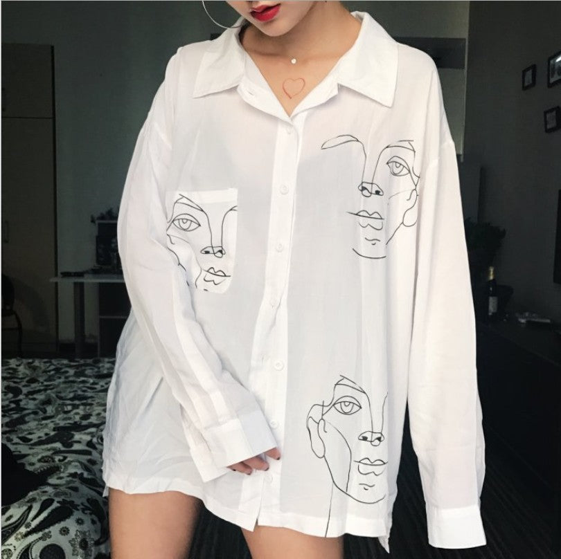 BF style face print loose blouse shirt - Veooy