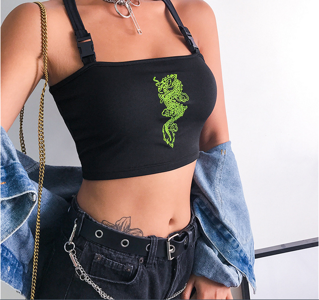Hot sale sexy green dargon embroidery women tank top #YYL-758