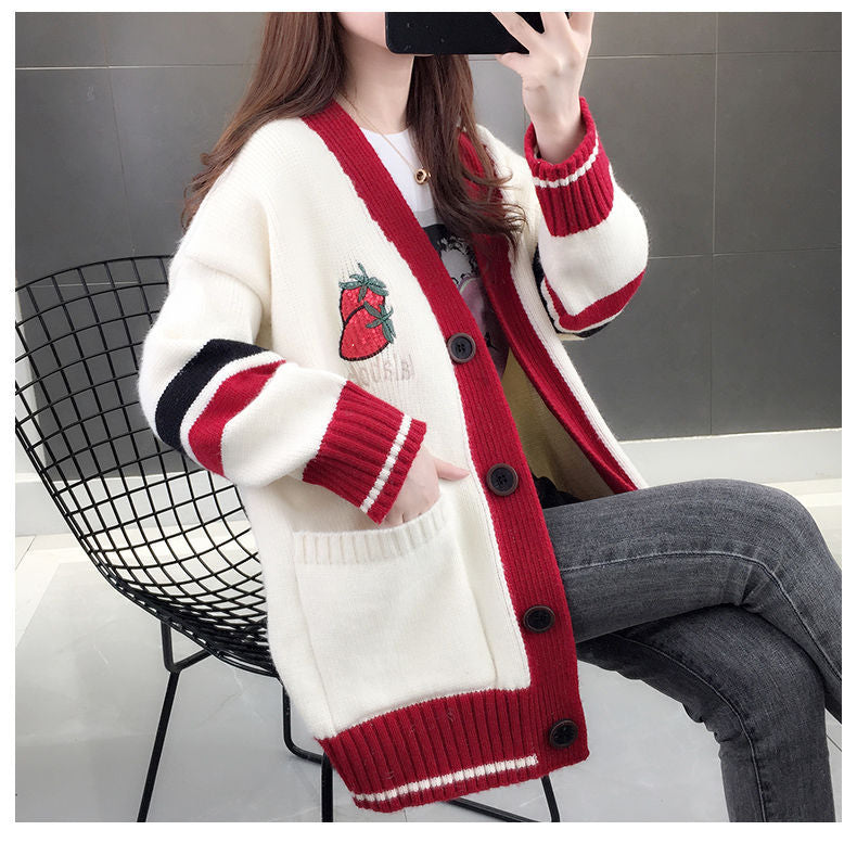 Korea style Strawberry embroidery loose sweater cardigan #PR1033