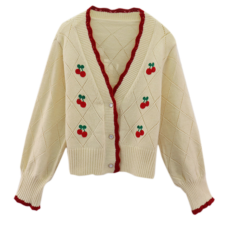 Cherry Embroidery Knitted Sweater - Veooy