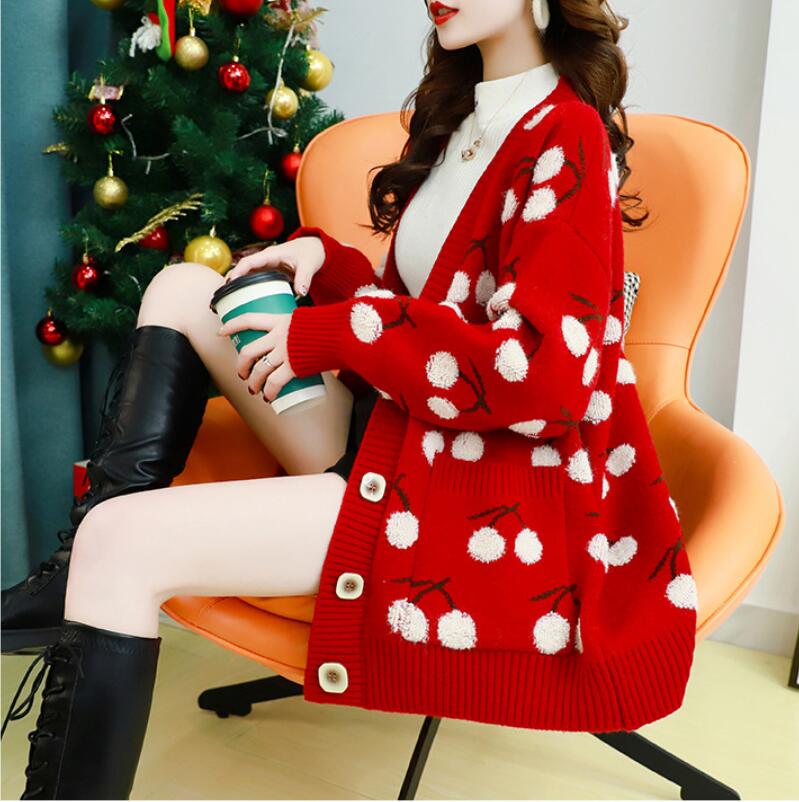 Cherry embroidery women&#39;s loose V-neck sweater cardigan sweater coat #PR1048 - Veooy