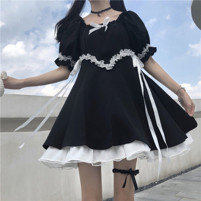 Summer Kawaii Soft Girly Square Collar Cute Lace Lace Up Bow Sweety Ruffles Puff Sleeve Dress