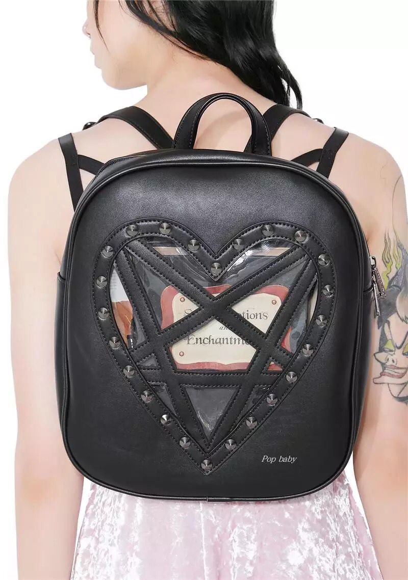 Harajuku Dark Black Transparent Love Studded Gothic Backpack - Veooy