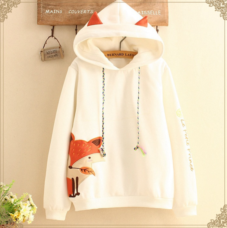 Cute fox embroidery woolen hoodie sweater coat #PR822 - Veooy