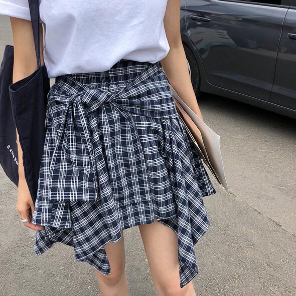 Retro high waist grid print Plaid Shirt Style Skirt #yyl-845