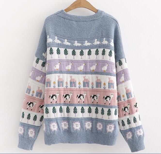 Cute COW/DUCK/SHEEP  Trees embroidery sweater #PR766 - Veooy