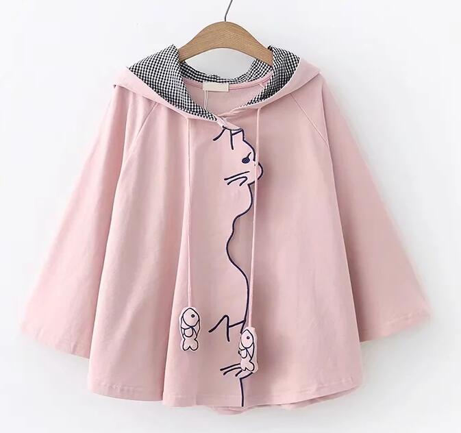 Lovely cat embroidery Loose cloak coat #PR994
