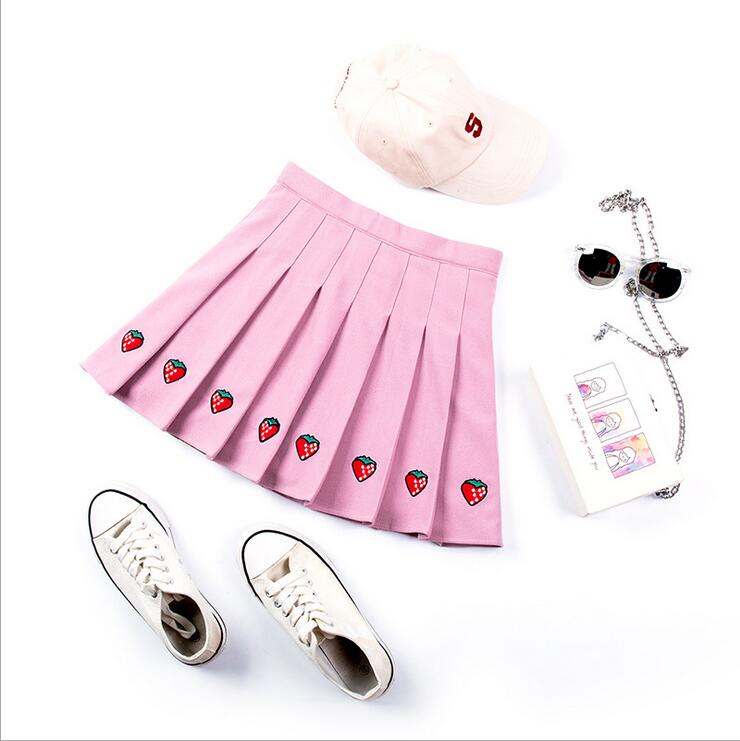 Cute Strawberry embroidery high waist pleated skirt #PR979 - Veooy