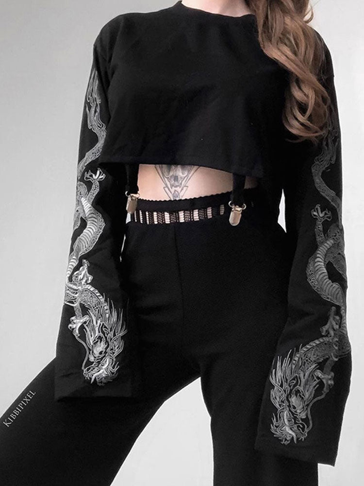 Goth Dark Dragon Print Gothic Vintage Female Sweatshirts - Veooy