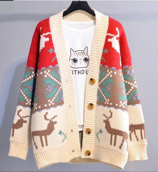 Vintage knit loose deer sweater cardigan#PR1006