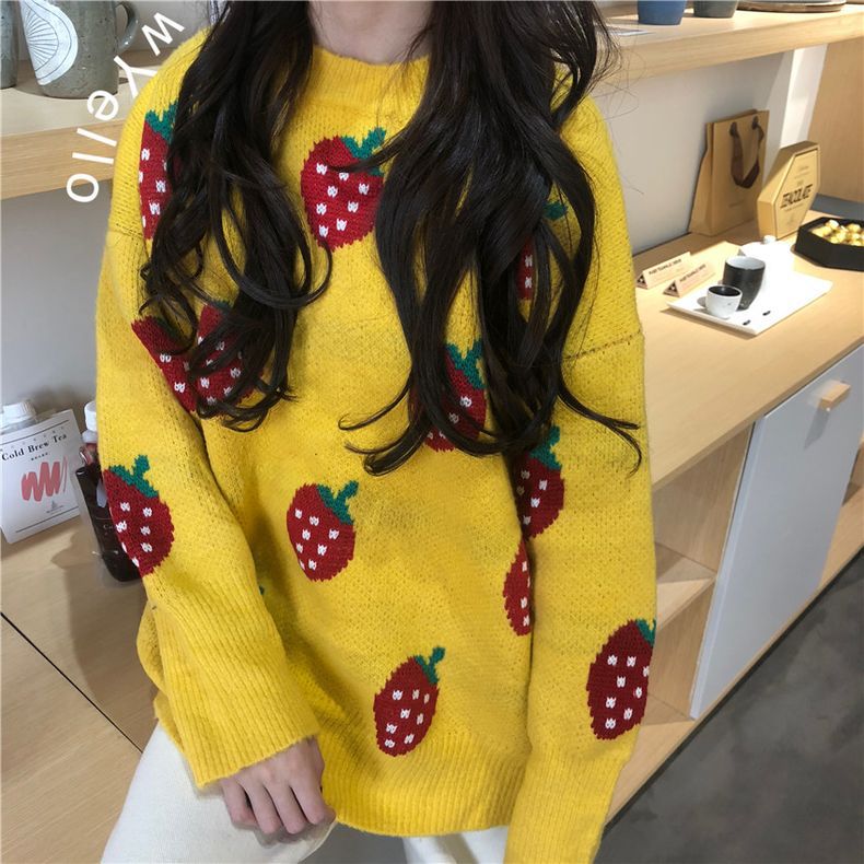Cute Strawberry embroidery loose knit sweater - Veooy