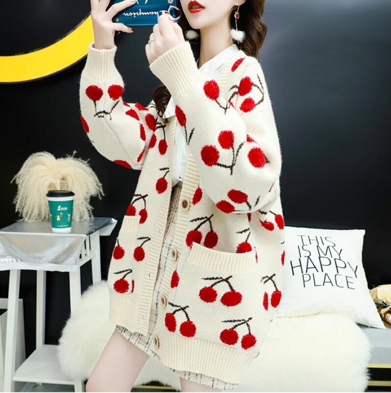 Cherry embroidered knitted loose sweater cardigan #PR1050 - Veooy