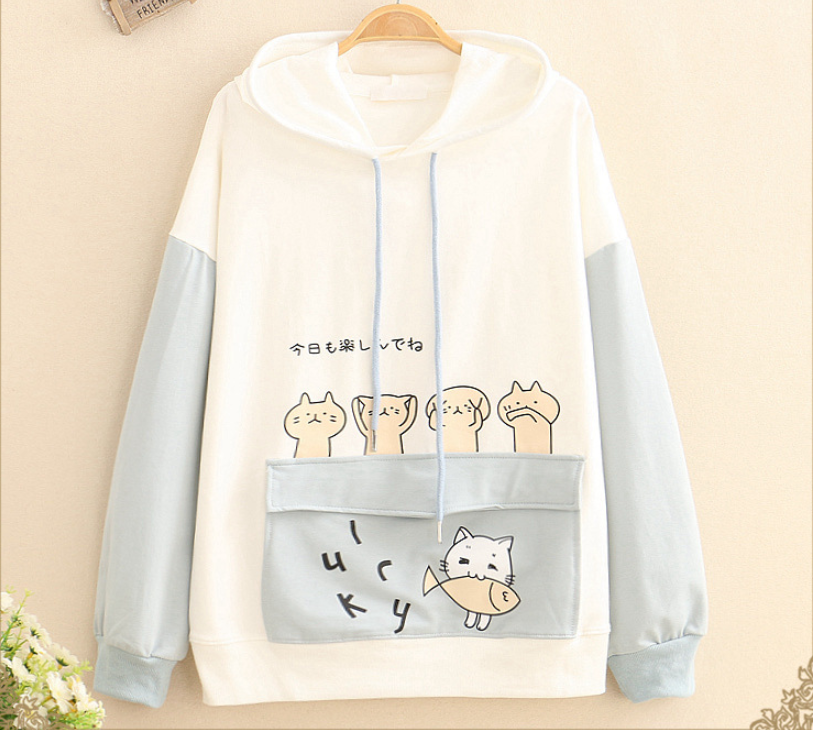 Cute Kitten eat fish print hoodie sweater for spring#PR856 - Veooy