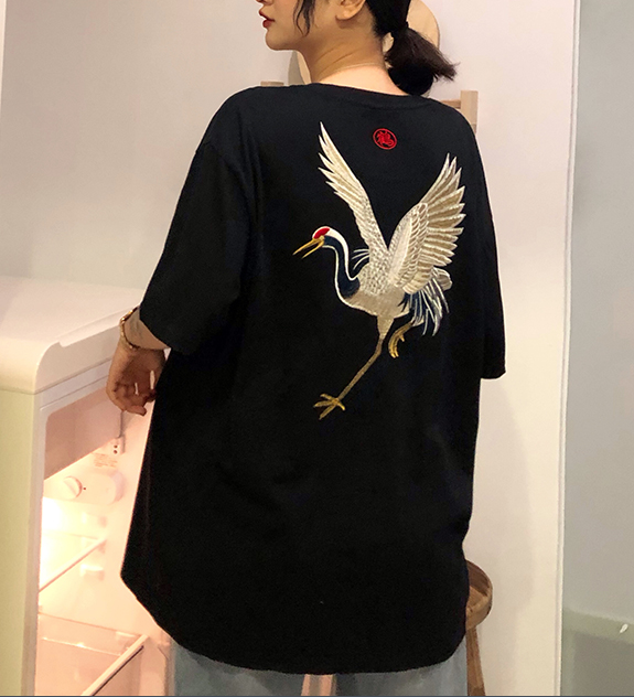 Harajuku style loose red-crowned crane embroidery t-shirt#YYL-787 - Veooy