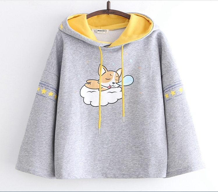 Cute cartoon puppy print plus fleece hooded sweater coat #PR1032 - Veooy
