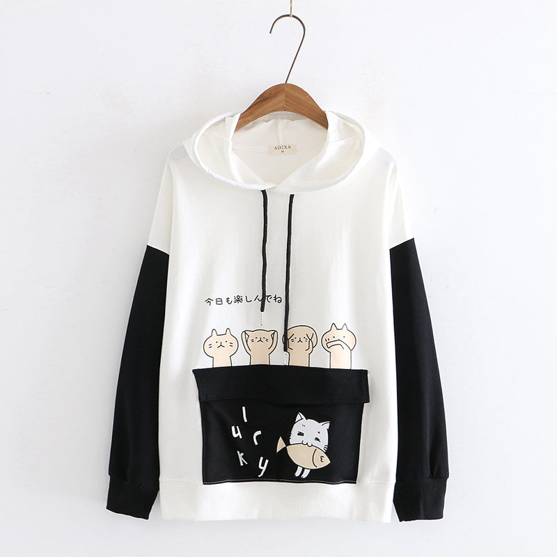 New cute cat and fish pocket hoodie