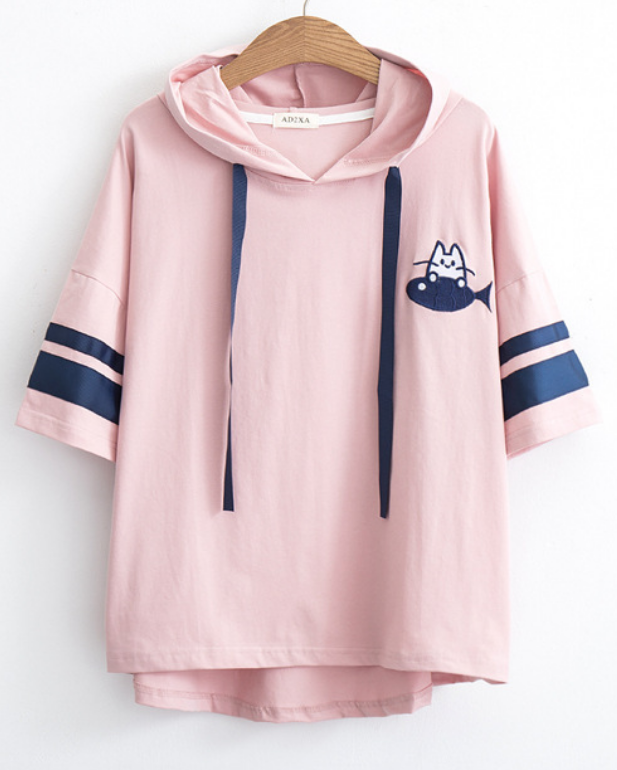 Cute cat eat fish embroidery hoodie t-shirt #PR957 - Veooy