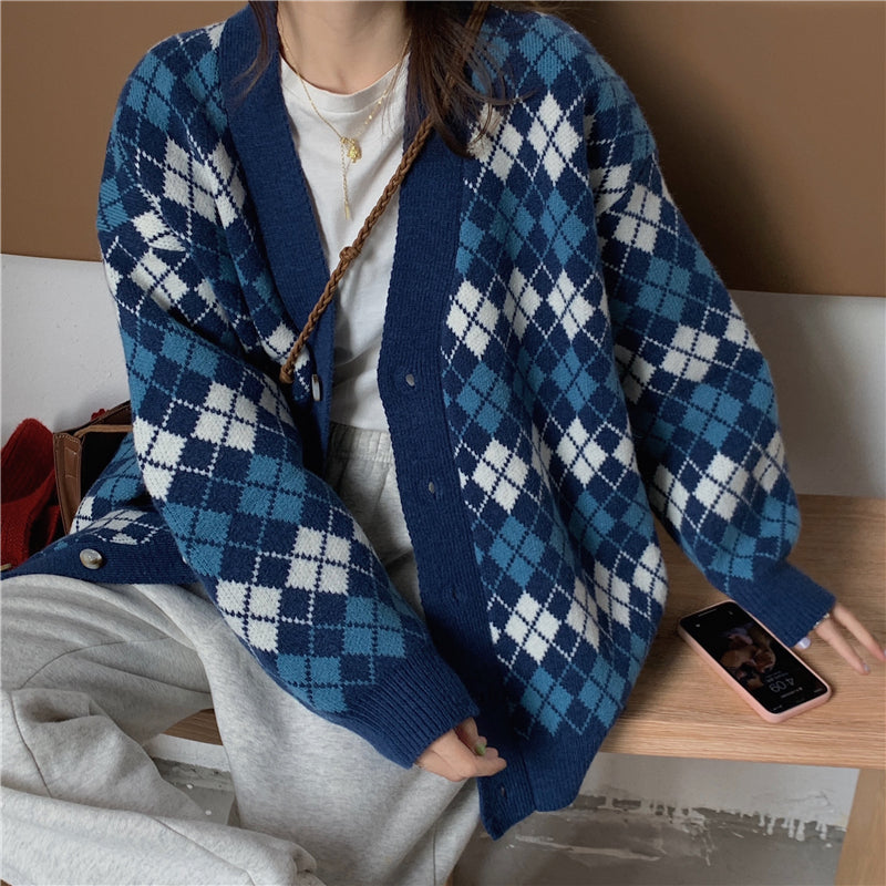 Plaid Knitting Full Sleeve Cardigan Loose Sweater
