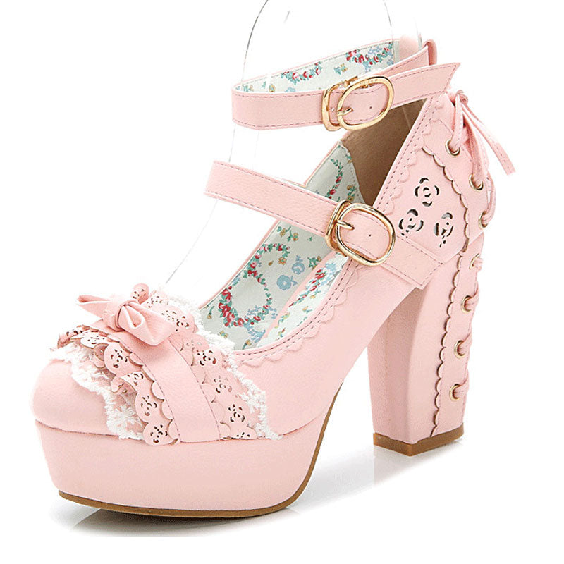 Sweet and lovely lolita lace bow high heels