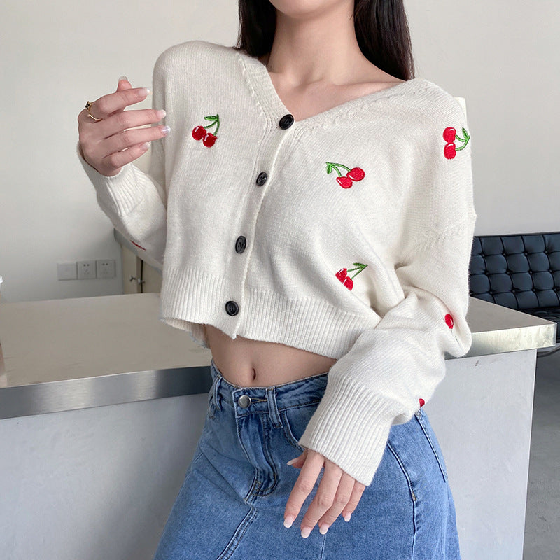 Cherry Embroidered V-neck Loose Women&#39;s Casual Knit Cardigan #PR1102 - Veooy