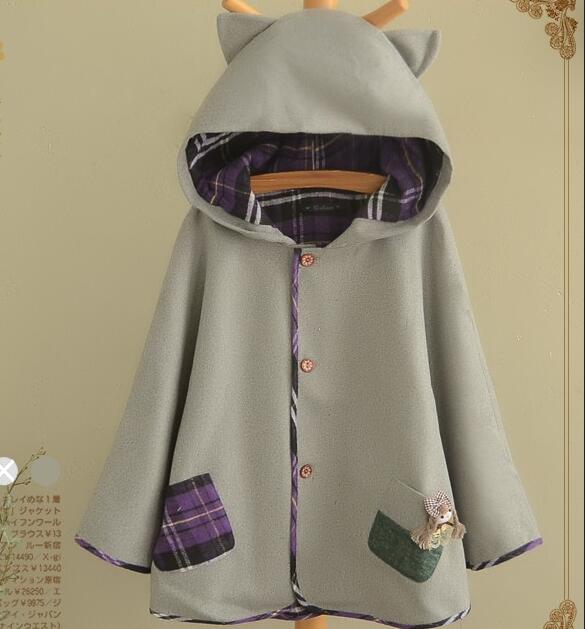 Cute cat  Little girl embroidery cloak woolen coat #PR767 - Veooy