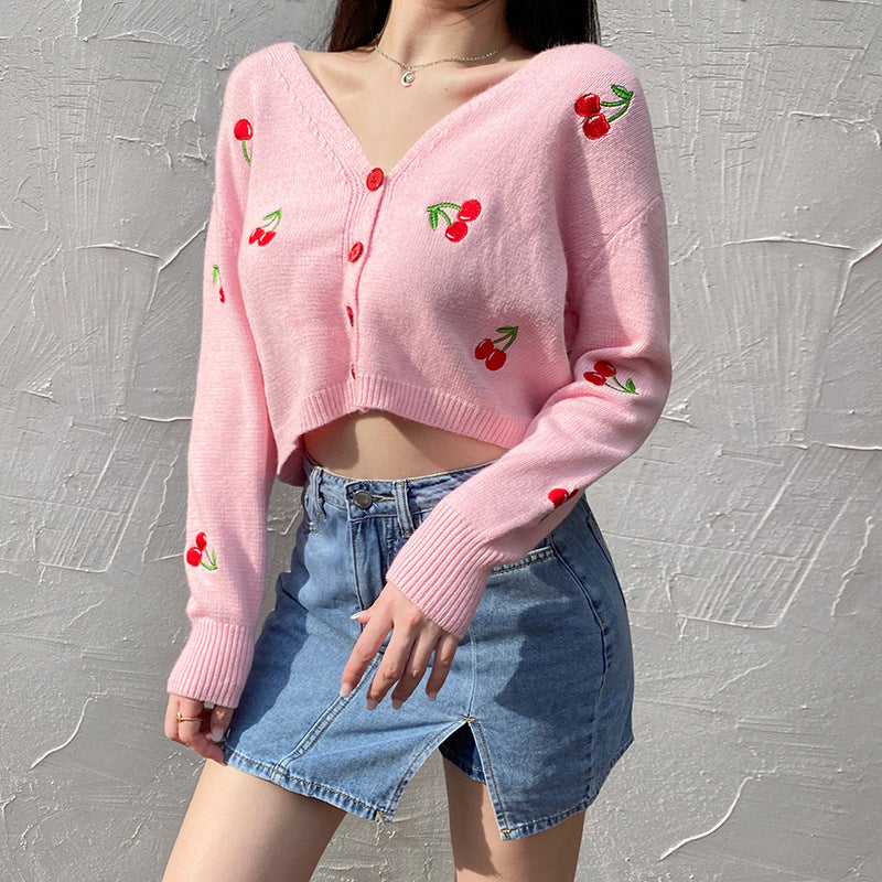 Cherry Embroidered V-neck Loose Women&#39;s Casual Knit Cardigan #PR1102 - Veooy