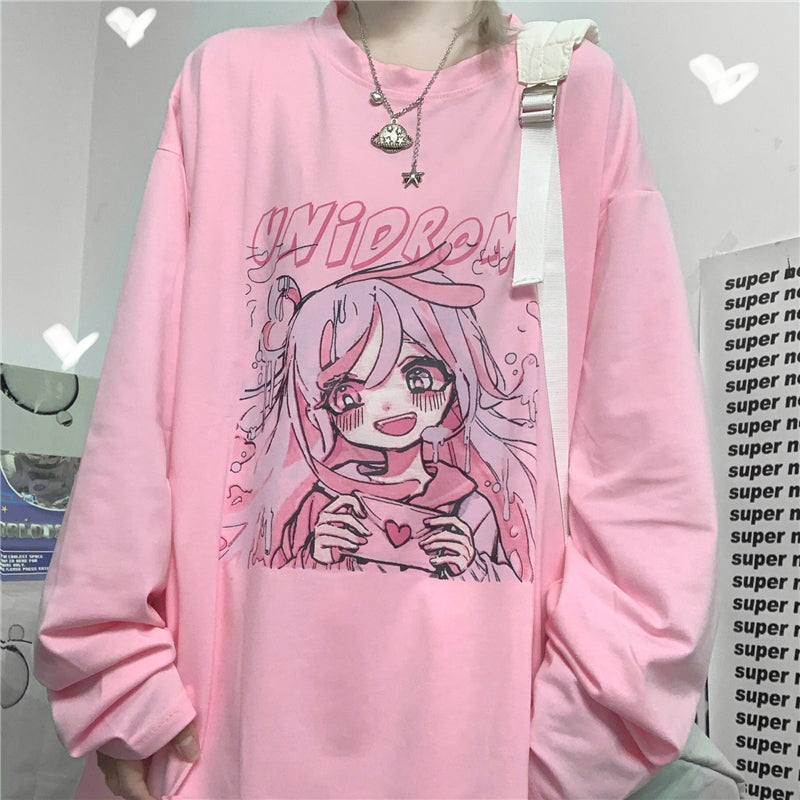 Sweet Cartoon anime love girl long sleeve pink t-shirt