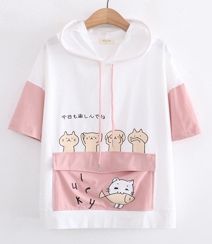 Cute cat embroidery summer hoodie t-shirt #PR942 - Veooy