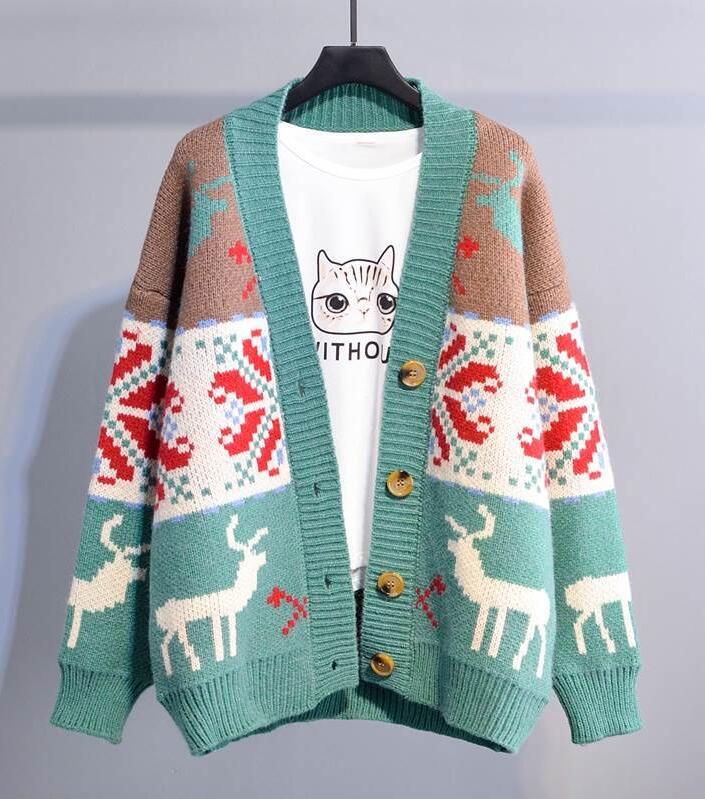 Vintage knit loose deer sweater cardigan#PR1006