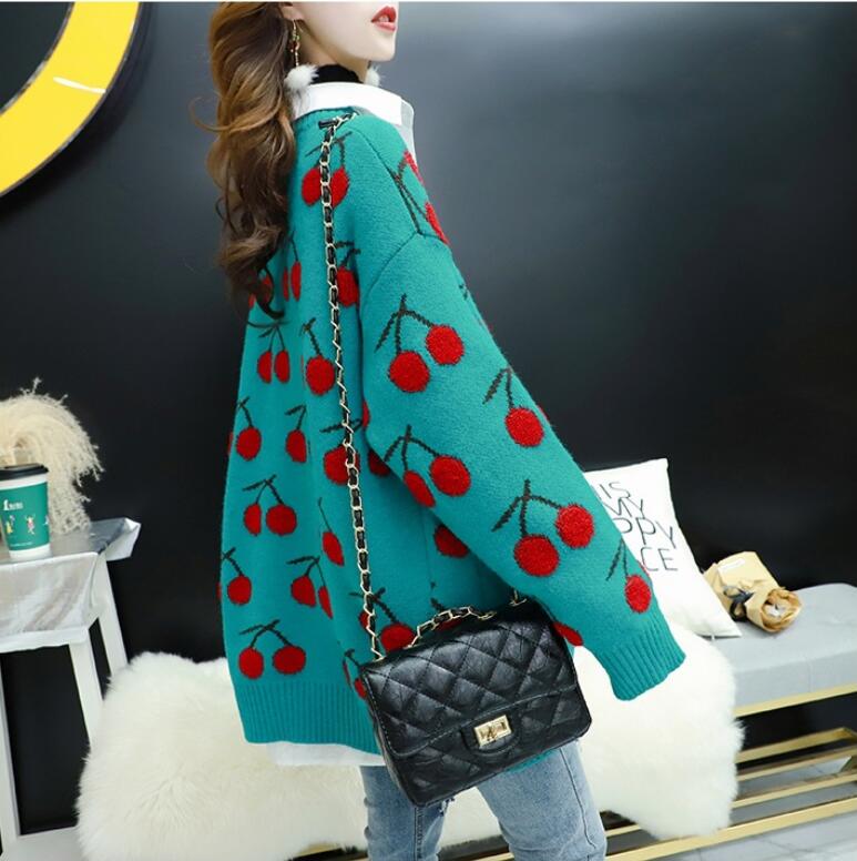 Cherry embroidered knitted loose sweater cardigan #PR1050 - Veooy
