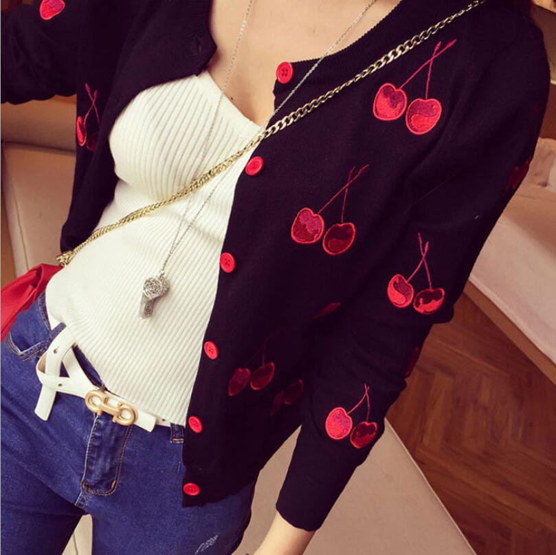 Cherry embroidered knitted cardigan #2020-12-12-2 - Veooy
