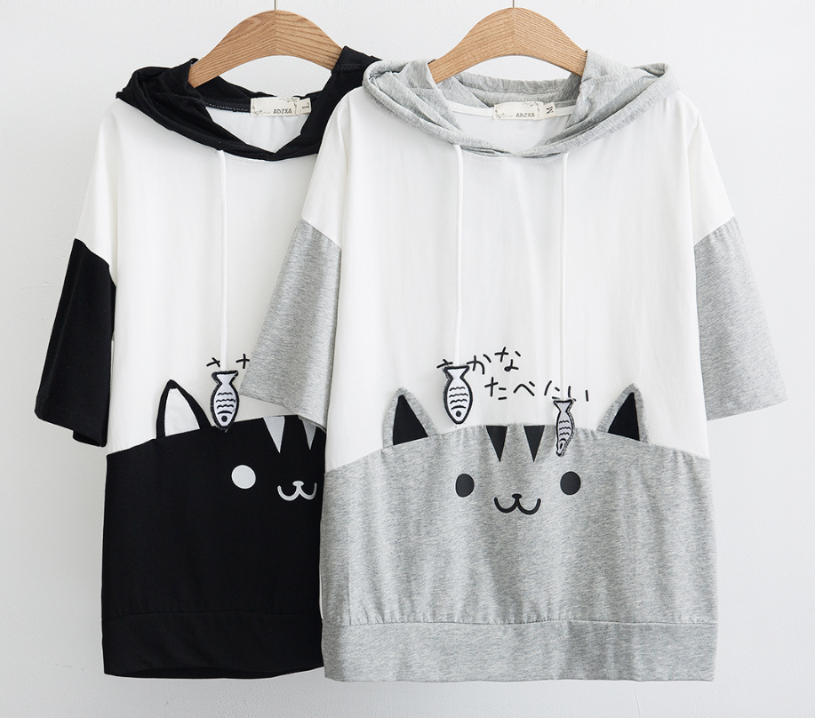 Japanese style Cartoon cat hooded short-sleeved t-shirt #PR904