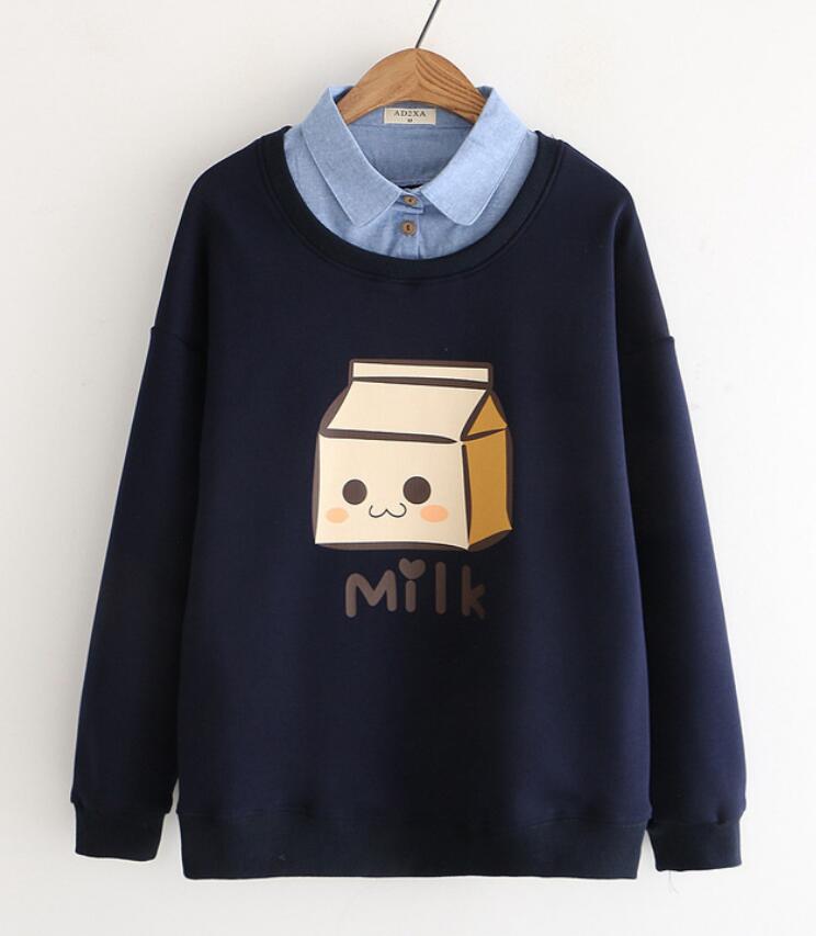 Cute milk box print fake two pieces hoodie sweater #PR986 - Veooy