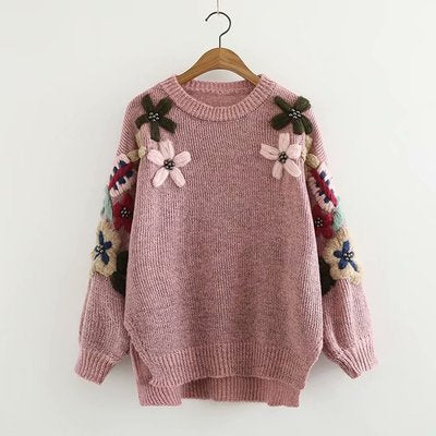 New Sweet Beaded Flowers Loose Front Short Back Long Knitted Long Sleeve Sweater