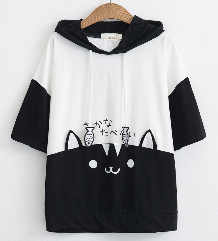 Japanese style Cartoon cat hooded short-sleeved t-shirt #PR904