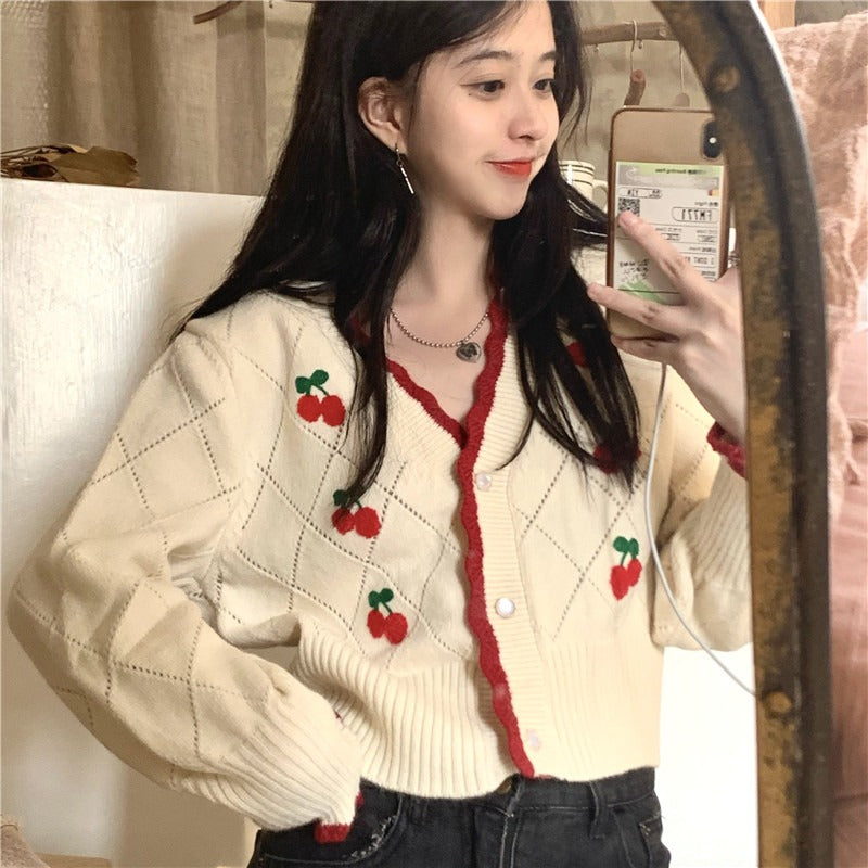 Cherry Embroidery Knitted Sweater - Veooy